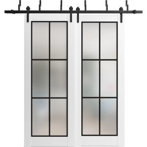 Sliding Closet Barn Bypass Doors with Hardware | Planum 2122 White Silk with Frosted Glass and Aluminum Strips | Sturdy 6.6ft Rails Hardware Set | Modern Wood Solid Bedroom Wardrobe Doors