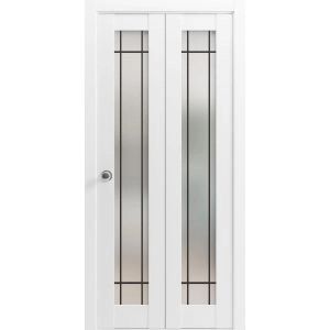 Sliding Closet Bi-fold Doors | Planum 2112 White Silk with Frosted Glass and Aluminum Strips | Sturdy Tracks Moldings Trims Hardware Set | Wood Solid Bedroom Wardrobe Doors