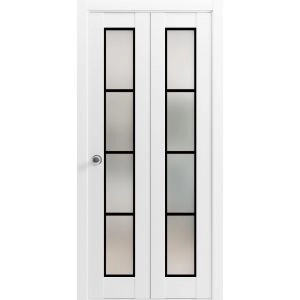 Sliding Closet Bi-fold Doors | Planum 2132 White Silk with Frosted Glass and Aluminum Strips | Sturdy Tracks Moldings Trims Hardware Set | Wood Solid Bedroom Wardrobe Doors