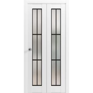 Sliding Closet Bi-fold Doors | Planum 2122 White Silk with Frosted Glass and Aluminum Strips | Sturdy Tracks Moldings Trims Hardware Set | Wood Solid Bedroom Wardrobe Doors