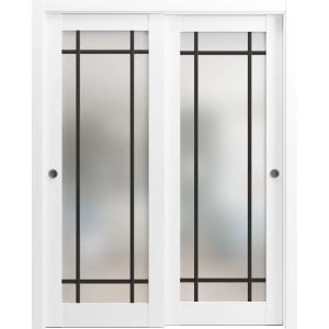 Sliding Closet Bypass Doors with Hardware | Planum 2112 White Silk with Frosted Glass and Aluminum Strips | Sturdy Rails Moldings Trims Hardware Set | Modern Wood Solid Bedroom Wardrobe Doors