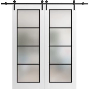 Sturdy Double Barn Door | Planum 2132 White Silk with Frosted Glass and Aluminum Strips | 13FT Black Rail Hangers Heavy Set | Solid Panel Interior Doors