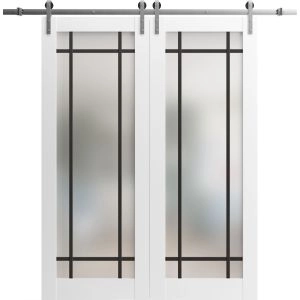 Sturdy Double Barn Door | Planum 2112 White Silk with Frosted Glass and Aluminum Strips | 13FT Silver Rail Hangers Heavy Set | Solid Panel Interior Doors