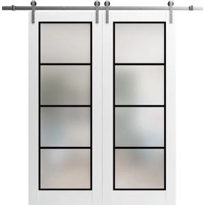 Sturdy Double Barn Door | Planum 2132 White Silk with Frosted Glass and Aluminum Strips | 13FT Silver Rail Hangers Heavy Set | Solid Panel Interior Doors