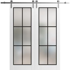 Sturdy Double Barn Door | Planum 2122 White Silk with Frosted Glass and Aluminum Strips | 13FT Silver Rail Hangers Heavy Set | Solid Panel Interior Doors