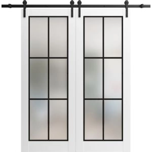 Sturdy Double Barn Door | Planum 2122 White Silk with Frosted Glass and Aluminum Strips | 13FT Black Rail Hangers Heavy Set | Solid Panel Interior Doors