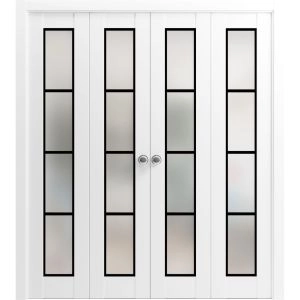 Sliding Closet Double Bi-fold Doors | Planum 2132 White Silk with Frosted Glass and Aluminum Strips | Sturdy Tracks Moldings Trims Hardware Set | Wood Solid Bedroom Wardrobe Doors