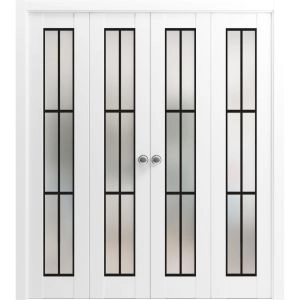 Sliding Closet Double Bi-fold Doors | Planum 2122 White Silk with Frosted Glass and Aluminum Strips | Sturdy Tracks Moldings Trims Hardware Set | Wood Solid Bedroom Wardrobe Doors
