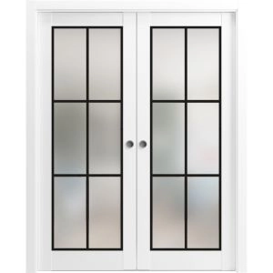 Sliding French Double Pocket Doors | Planum 2122 White Silk with Frosted Glass and Aluminum Strips | Kit Trims Rail Hardware | Solid Wood Interior Bedroom Sturdy Doors