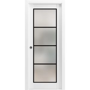 Sliding Pocket Door with Frosted Tempered Glass | Planum 2132 White Silk with Frosted Glass and Aluminum Strips | Kit Trims Rail Hardware | Solid Wood Interior Bedroom Bathroom Closet Sturdy Doors