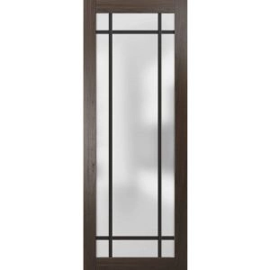 Slab Barn Door Panel | Planum 2112 Chocolate Ash with Frosted Glass and Aluminum Strips | Sturdy Finished Doors | Pocket Closet Sliding