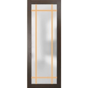 Slab Barn Door Panel | Planum 2113 Chocolate Ash with Frosted Glass and Aluminum Strips | Sturdy Finished Doors | Pocket Closet Sliding