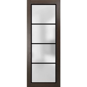 Slab Barn Door Panel | Planum 2132 Chocolate Ash with Frosted Glass and Aluminum Strips | Sturdy Finished Doors | Pocket Closet Sliding