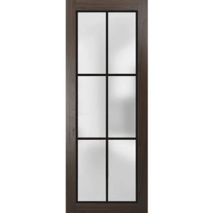 Slab Barn Door Panel | Planum 2122 Chocolate Ash with Frosted Glass and Aluminum Strips | Sturdy Finished Doors | Pocket Closet Sliding