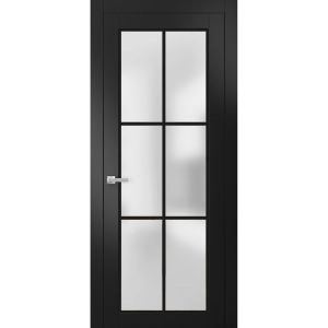 Solid French Door | Planum 2122 Matte Black with Frosted Glass and Aluminum Strips | Wood Solid Panel Frame Trims | Closet Bedroom Sturdy Doors