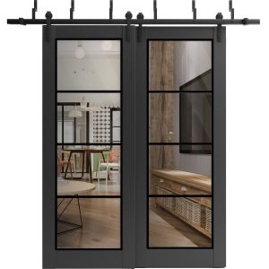 Sliding Closet Barn Bypass Doors | Lucia 2466 Matte Black with Clear Glass and Aluminum Strips | Sturdy 6.6ft Rails Hardware Set | Wood Solid Bedroom Wardrobe Doors