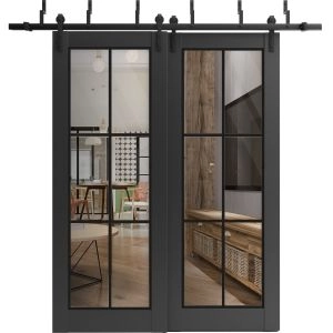 Sliding Closet Barn Bypass Doors | Lucia 2366 Matte Black with Clear Glass and Aluminum Strips | Sturdy 6.6ft Rails Hardware Set | Wood Solid Bedroom Wardrobe Doors
