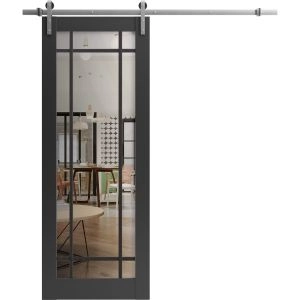 Sturdy Barn Door | Lucia 2266 Matte Black with Clear Glass and Aluminum Strips | 6.6FT Silver Rail Hangers Heavy Hardware Set | Modern Solid Panel Interior Doors