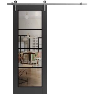 Sturdy Barn Door | Lucia 2466 Matte Black with Clear Glass and Aluminum Strips | 6.6FT Silver Rail Hangers Heavy Hardware Set | Modern Solid Panel Interior Doors