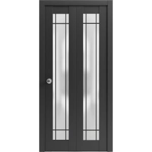 Sliding Closet Bi-fold Doors | Planum 2112 Matte Black with Frosted Glass and Aluminum Strips | Sturdy Tracks Moldings Trims Hardware Set | Wood Solid Bedroom Wardrobe Doors