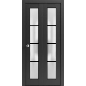 Sliding Closet Bi-fold Doors | Planum 2132 Matte Black with Frosted Glass and Aluminum Strips | Sturdy Tracks Moldings Trims Hardware Set | Wood Solid Bedroom Wardrobe Doors