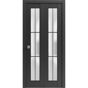 Sliding Closet Bi-fold Doors | Planum 2122 Matte Black with Frosted Glass and Aluminum Strips | Sturdy Tracks Moldings Trims Hardware Set | Wood Solid Bedroom Wardrobe Doors