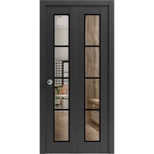Sliding Closet Bi-fold Doors | Lucia 2466 Matte Black with Clear Glass and Aluminum Strips | Sturdy Tracks Moldings Trims Hardware Set | Wood Solid Bedroom Wardrobe Doors
