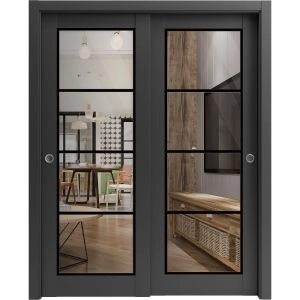 Sliding Closet Bypass Doors | Lucia 2466 Matte Black with Clear Glass and Aluminum Strips | Sturdy Rails Moldings Trims Hardware Set | Wood Solid Bedroom Wardrobe Doors