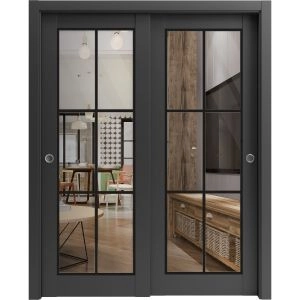 Sliding Closet Bypass Doors | Lucia 2366 Matte Black with Clear Glass and Aluminum Strips | Sturdy Rails Moldings Trims Hardware Set | Wood Solid Bedroom Wardrobe Doors