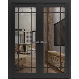 Solid French Double Doors | Lucia 2266 Matte Black with Clear Glass and Aluminum Strips | Wood Solid Panel Frame Trims | Closet Bedroom Sturdy Doors