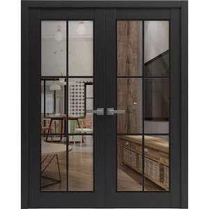 Solid French Double Doors | Lucia 2366 Matte Black with Clear Glass and Aluminum Strips | Wood Solid Panel Frame Trims | Closet Bedroom Sturdy Doors
