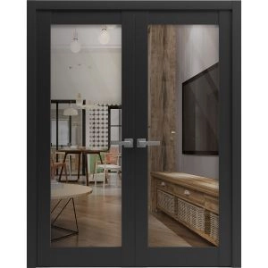 Solid French Double Doors | Lucia 2166 Matte Black with Clear Glass | Wood Solid Panel Frame Trims | Closet Bedroom Sturdy Doors