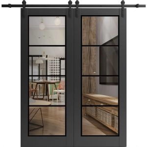 Sturdy Double Barn Door | Lucia 2466 Matte Black with Clear Glass and Aluminum Strips | 13FT Rail Hangers Heavy Set | Solid Panel Interior Doors