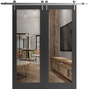 Sturdy Double Barn Door | Lucia 2166 Matte Black with Clear Glass | 13FT Rail Hangers Heavy Set | Solid Panel Interior Doors