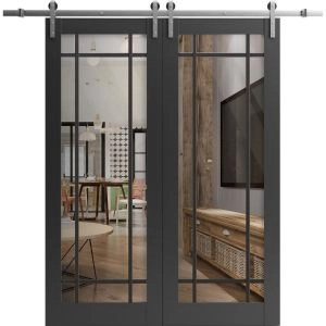 Sturdy Double Barn Door | Lucia 2266 Matte Black with Clear Glass and Aluminum Strips | 13FT Rail Hangers Heavy Set | Solid Panel Interior Doors