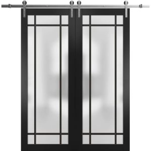 Sturdy Double Barn Door | Planum 2112 Matte Black with Frosted Glass and Aluminum Strips | 13FT Silver Rail Hangers Heavy Set | Modern Solid Panel Interior Doors