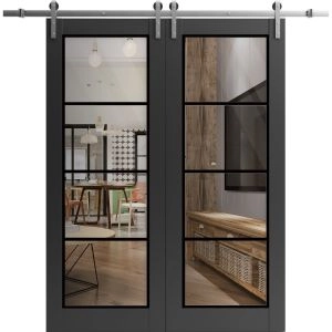 Sturdy Double Barn Door | Lucia 2466 Matte Black with Clear Glass and Aluminum Strips | 13FT Rail Hangers Heavy Set | Solid Panel Interior Doors