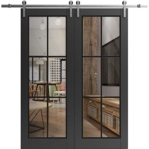 Sturdy Double Barn Door | Lucia 2366 Matte Black with Clear Glass and Aluminum Strips | 13FT Rail Hangers Heavy Set | Solid Panel Interior Doors
