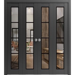 Sliding Closet Double Bi-fold Doors | Lucia 2466 Matte Black with Clear Glass and Aluminum Strips | Sturdy Tracks Moldings Trims Hardware Set | Wood Solid Bedroom Wardrobe Doors