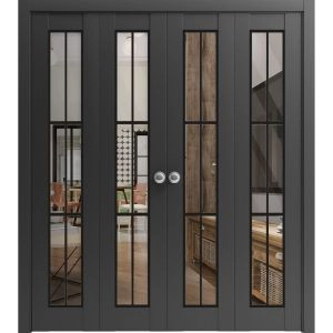 Sliding Closet Double Bi-fold Doors | Lucia 2366 Matte Black with Clear Glass and Aluminum Strips | Sturdy Tracks Moldings Trims Hardware Set | Wood Solid Bedroom Wardrobe Doors