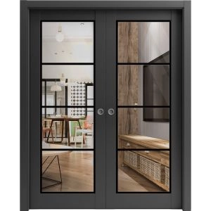 Sliding Double Pocket Door | Lucia 2466 Matte Black with Clear Glass and Aluminum Strips | Kit Trims Rail Hardware | Solid Wood Interior Bedroom Bathroom Closet Sturdy Doors
