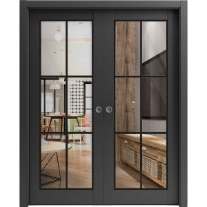 Sliding Double Pocket Door | Lucia 2366 Matte Black with Clear Glass and Aluminum Strips | Kit Trims Rail Hardware | Solid Wood Interior Bedroom Bathroom Closet Sturdy Doors