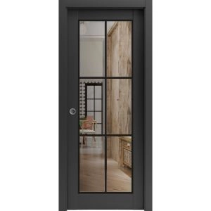 Sliding French Pocket Door | Lucia 2366 Matte Black with Clear Glass and Aluminum Strips | Kit Trims Rail Hardware | Solid Wood Interior Bedroom Sturdy Doors