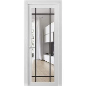 Solid French Door | Lucia 2266 White Silk with Clear Glass and Aluminum Strips | Single Regular Panel Frame Trims Handle | Bathroom Bedroom Sturdy Doors