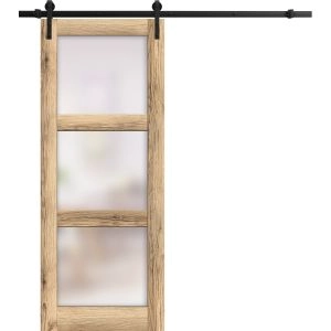 Sturdy Barn Door | Lucia 2552 Oak with Frosted Glass | 6.6FT Rail Hangers Heavy Hardware Set | Solid Panel Interior Doors