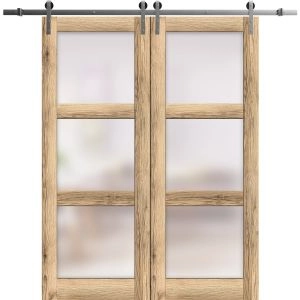 Sturdy Double Barn Door | Lucia 2552 Oak with Frosted Glass | Silver 13FT Rail Hangers Heavy Set | Solid Panel Interior Doors