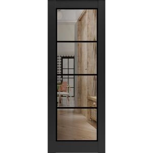 Slab Barn Door Panel Lite | Lucia 2466 Matte Black with Clear Glass and Aluminum Strips | Sturdy Finished Modern Doors | Pocket Closet Sliding