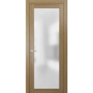 Solid French Door Frosted Glass | Planum 2102 Honey Ash | Single Regular Panel Frame Trims Handle | Bathroom Bedroom Sturdy Doors -18" x 84"