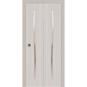 Sliding Closet Bi-fold Doors 36 x 80 inches | BASIC 3002 Ash Franko | Sturdy Tracks Moldings Trims Hardware Set | Wood Solid Bedroom Wardrobe Doors