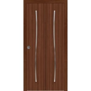 Sliding Closet Bi-fold Doors 36 x 80 inches | BASIC 3002 Walnut Franko | Sturdy Tracks Moldings Trims Hardware Set | Wood Solid Bedroom Wardrobe Doors